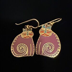 Laurel Burch Purple Enamel Cat Drop Earrings with Gold Trim